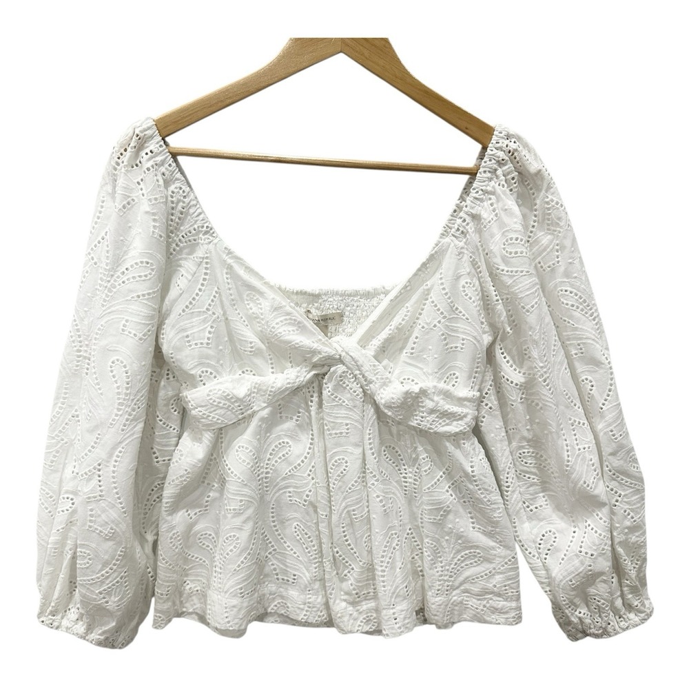 Banana Republic Women's M White Eyelet Lace Cotton Lined Twist Top Boho Babydoll